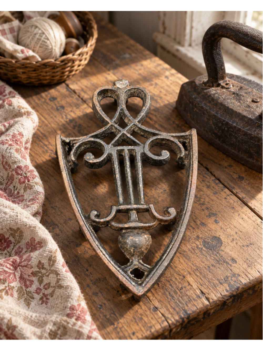 Cast Iron Shield Shape Trivet Black Openwork Design 7 in H x 5 in W